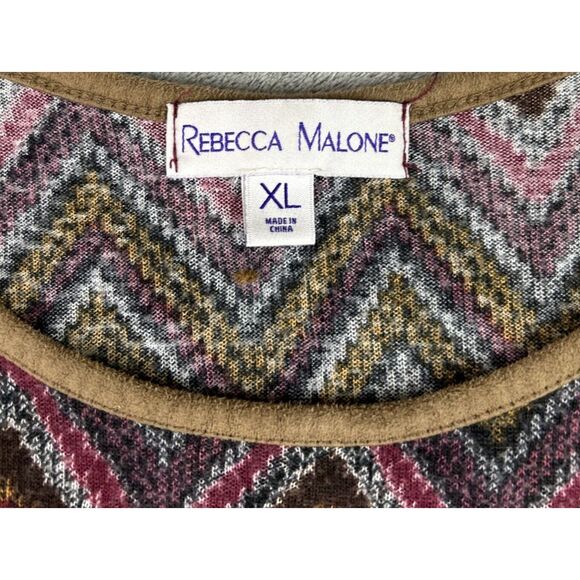 Rebecca Malone Women's XL Knit Blouse Zig Zag Pink Red Brown Boho Colorful - Picture 4 of 7